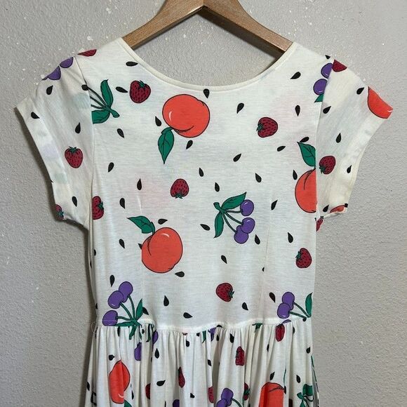 VTG 90s Fruit Print Midi Dress Womens S White Knit Cotton Blend Fit Flare - Picture 5 of 11